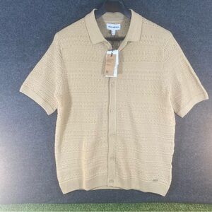 Threadbare Men's Beige Short Sleeve Button Down Crochet Style Shirt
